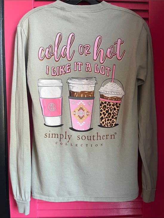 Simply Southern Tops - Simply Southern Sage Long Sleeve Tee with Pink & Leopard Coffee Graphic